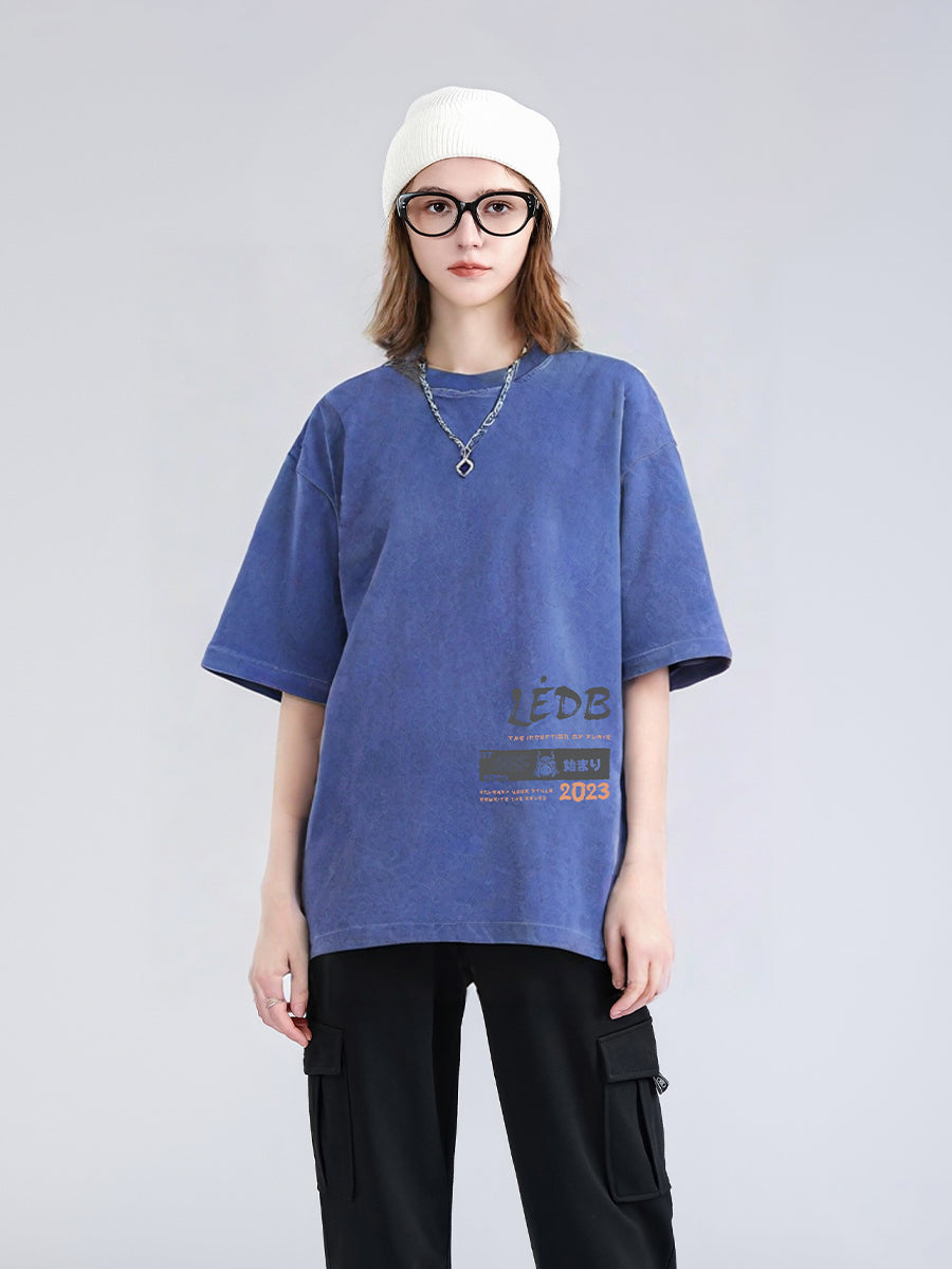 Unisex Gradé Japanese-Inspired Text Print Oversized Tee