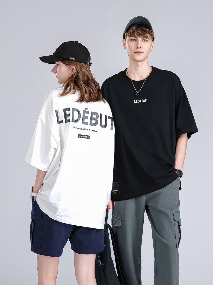 Unisex Center Embroidery with Ledebut Pearl Print Oversized Tee