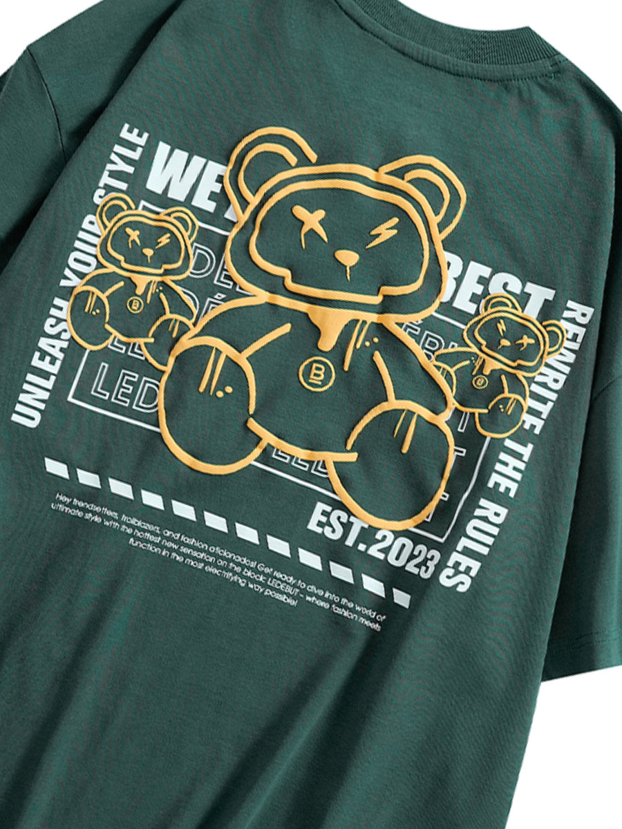 Unisex Bear Puff Print Pocket Oversized Tee