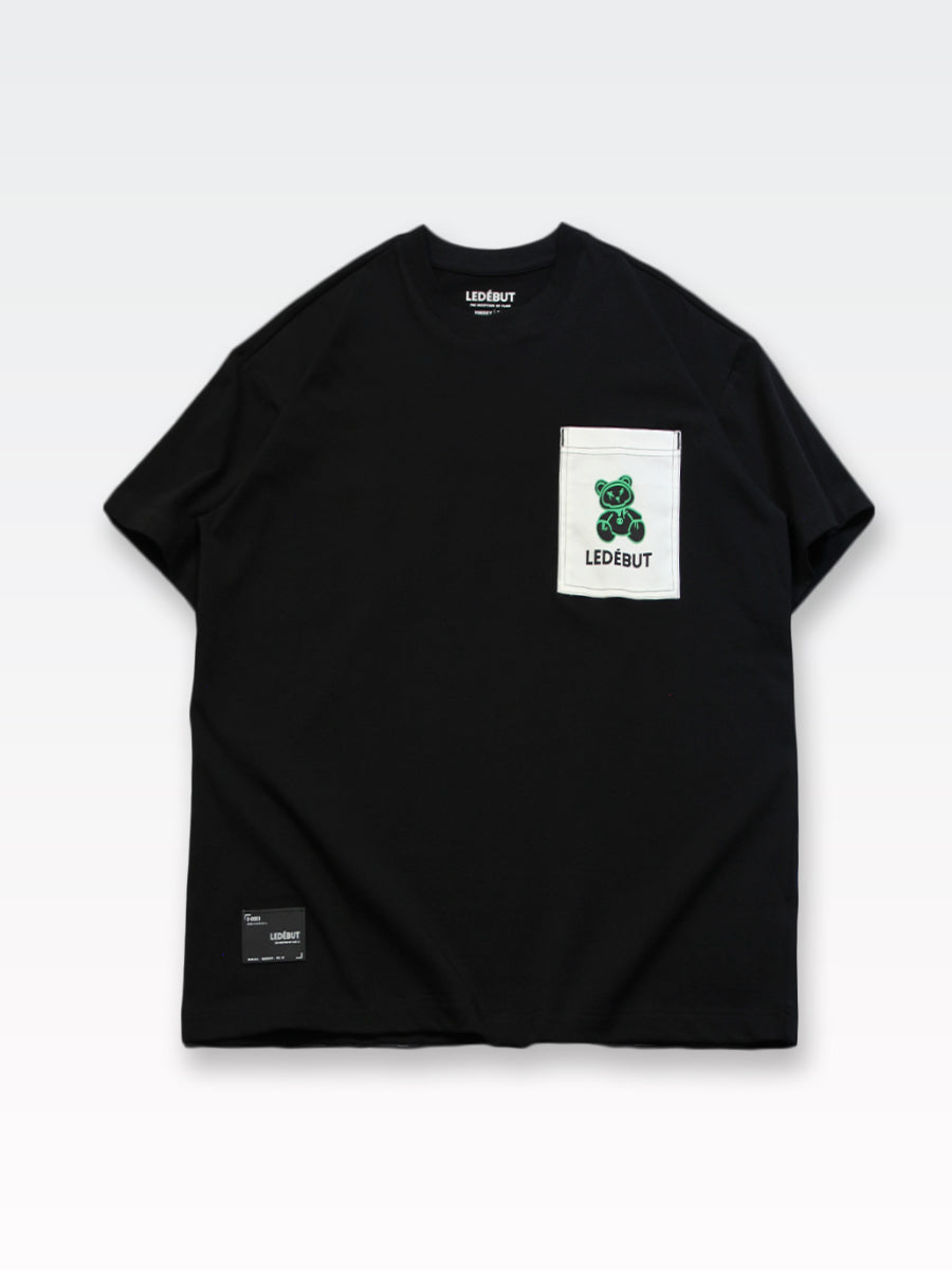 Unisex Bear Puff Print Pocket Oversized Tee