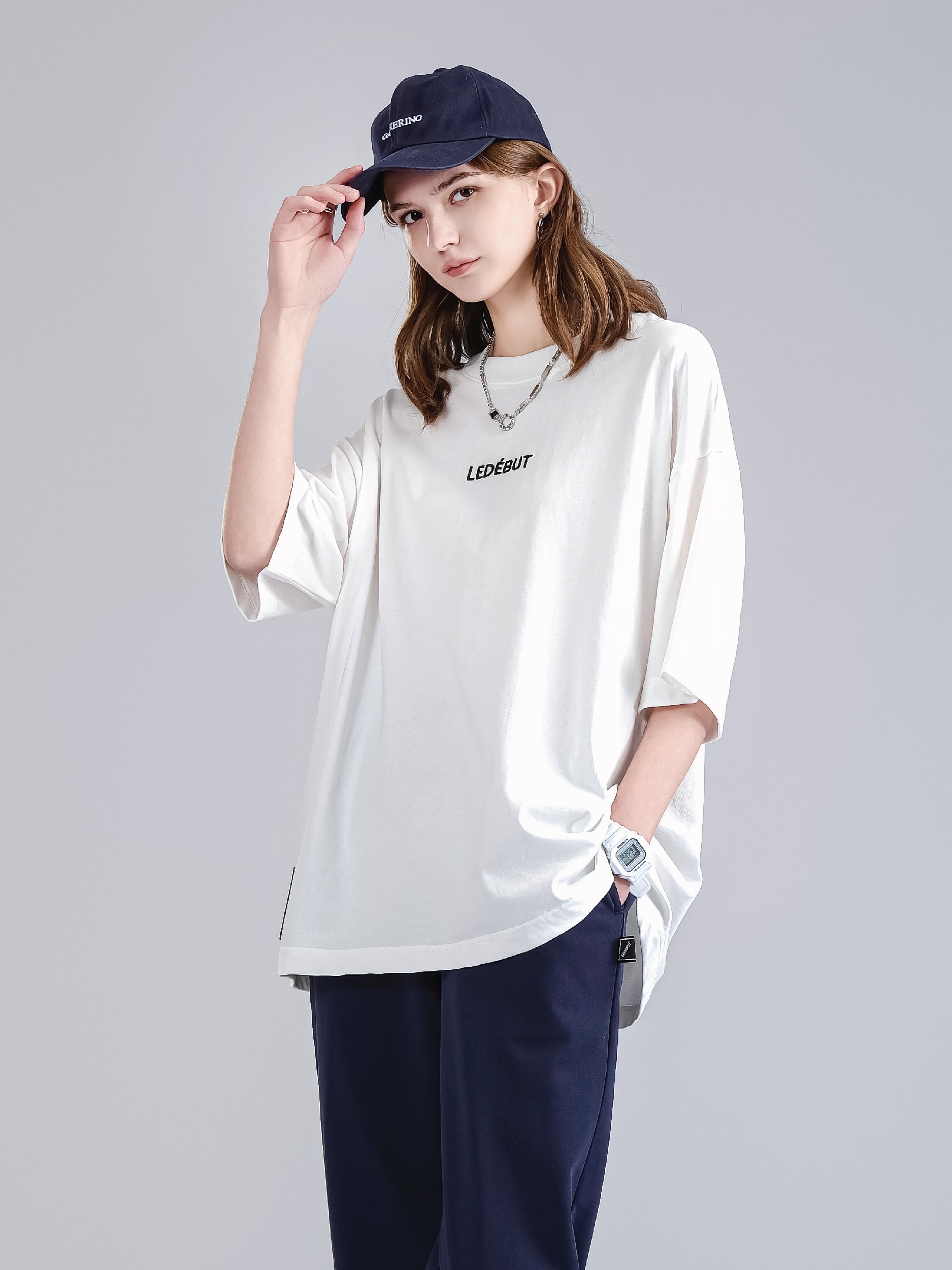 Unisex Center Embroidery with Ledebut Pearl Print Oversized Tee