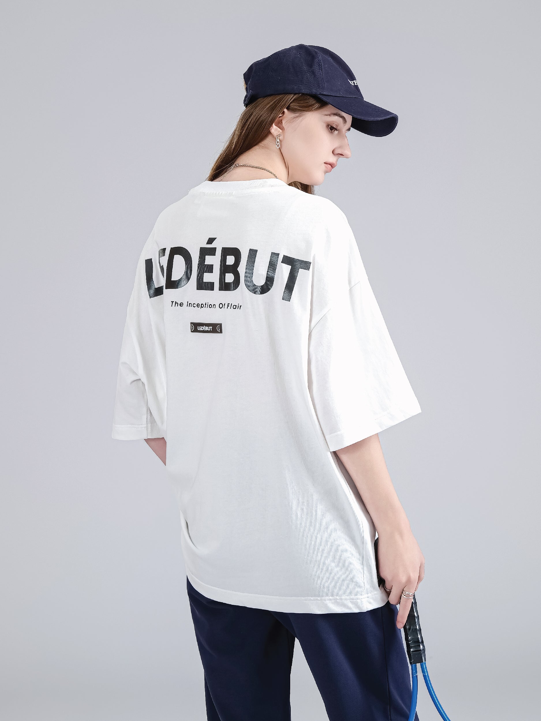 Unisex Center Embroidery with Ledebut Pearl Print Oversized Tee