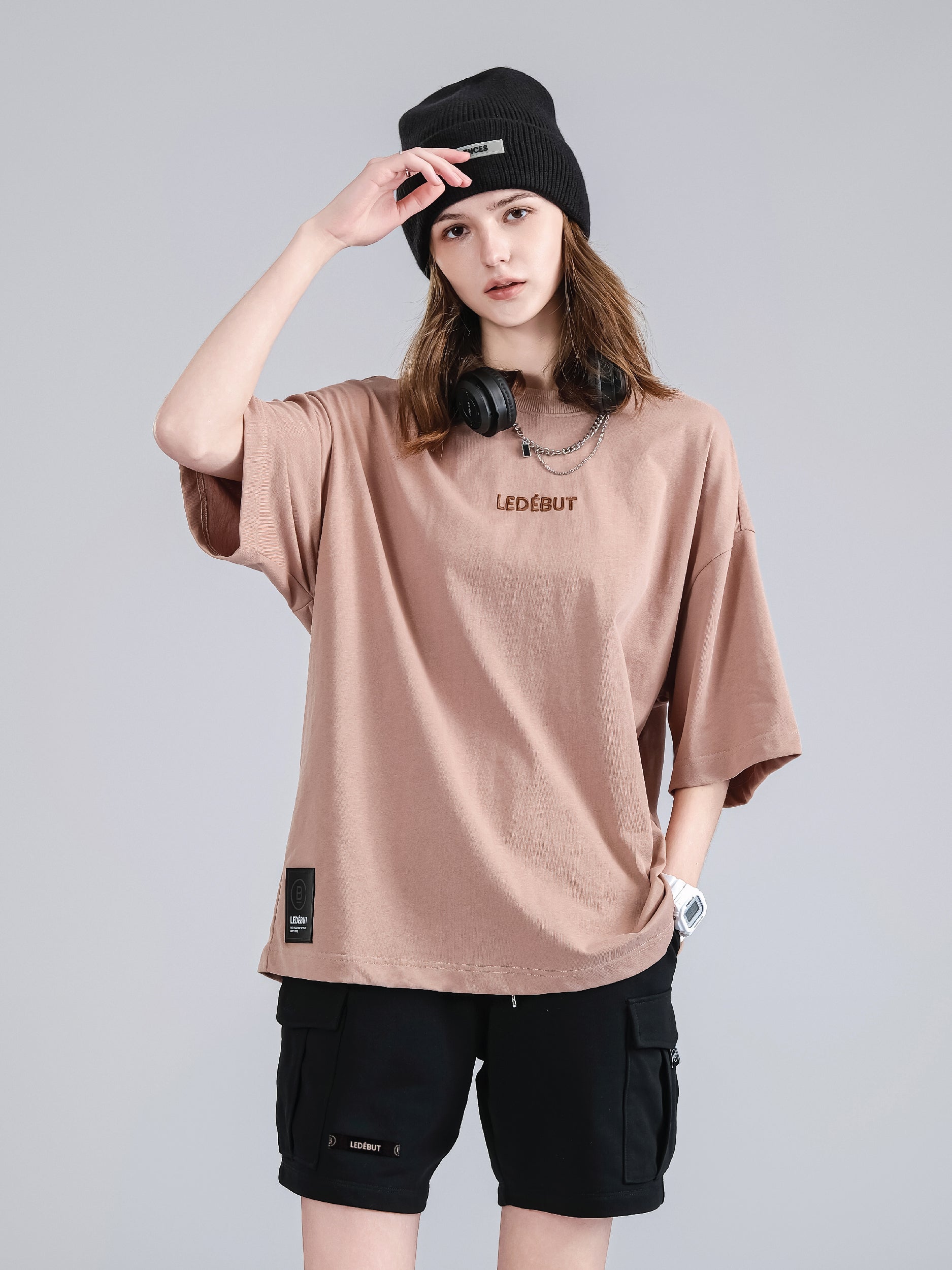 Unisex Center Embroidery with Ledebut Pearl Print Oversized Tee