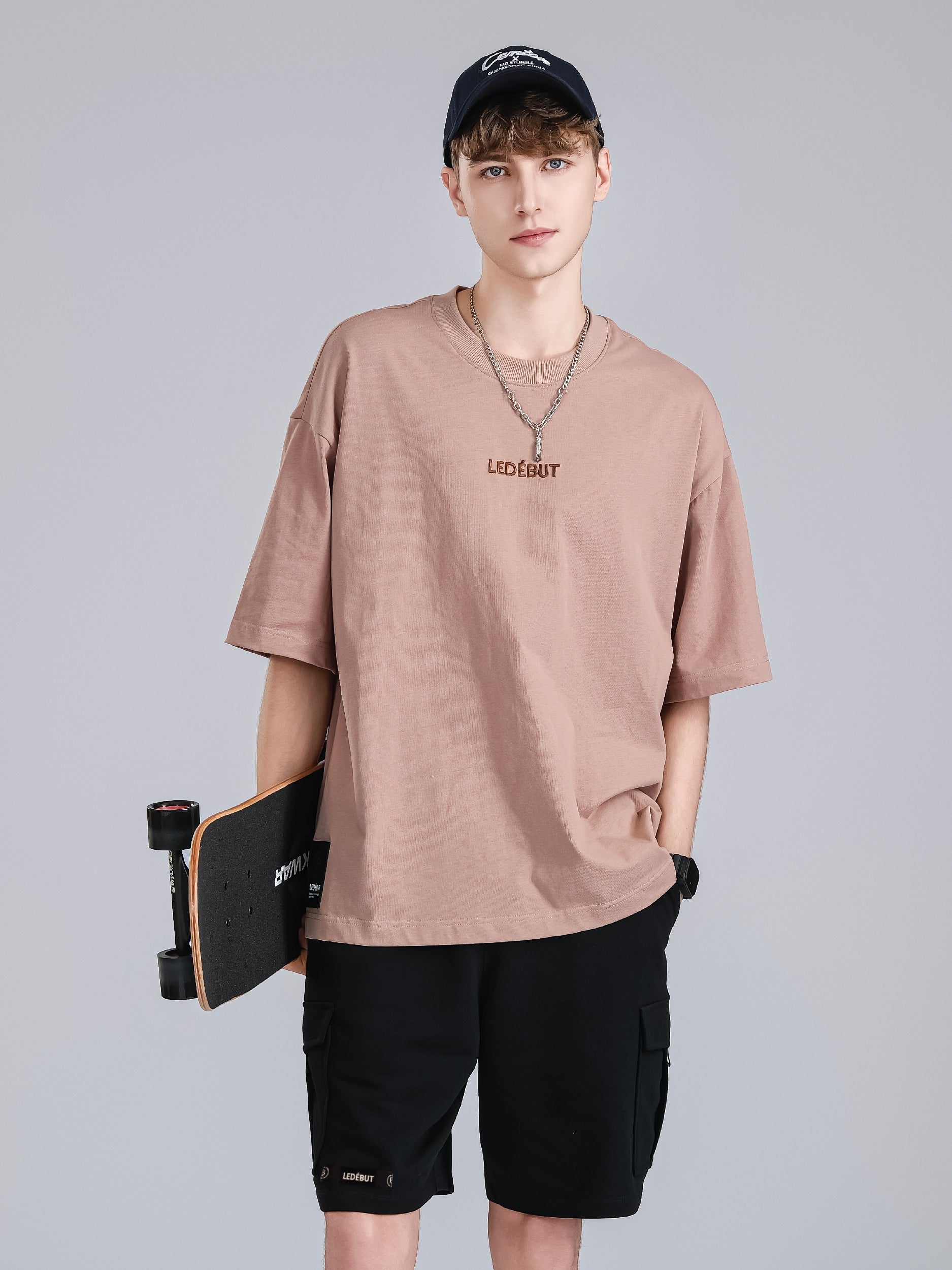 Unisex Center Embroidery with Ledebut Pearl Print Oversized Tee