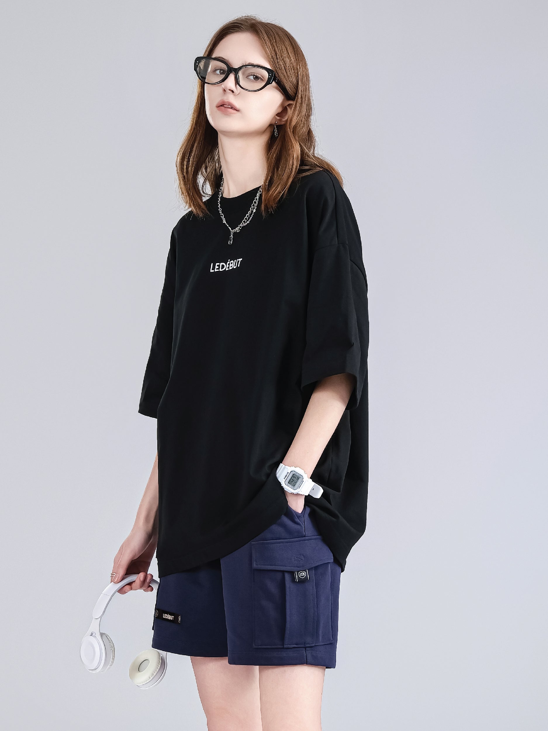 Unisex Center Embroidery with Ledebut Pearl Print Oversized Tee