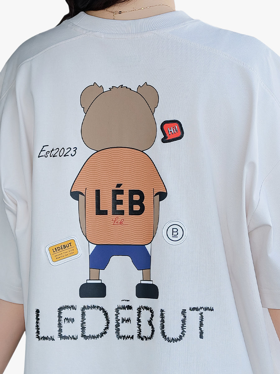 Unisex Bear Print & 3D Patch Oversized Tee