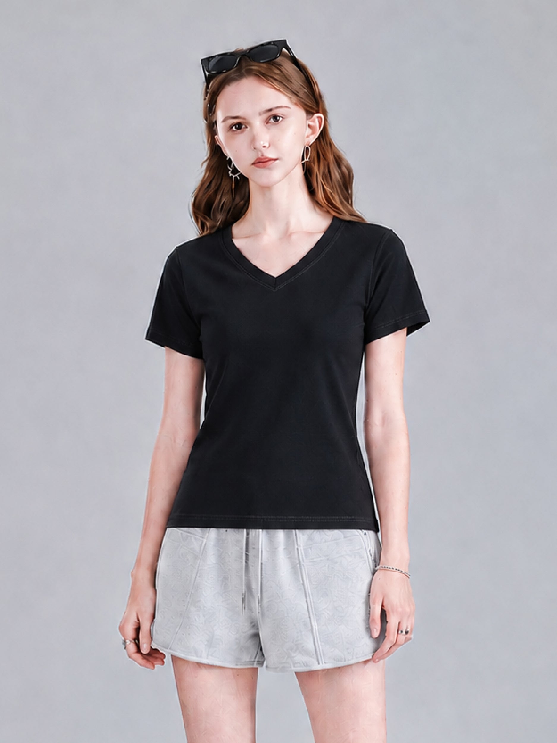 Women Basic 9055 V-Neck Tee