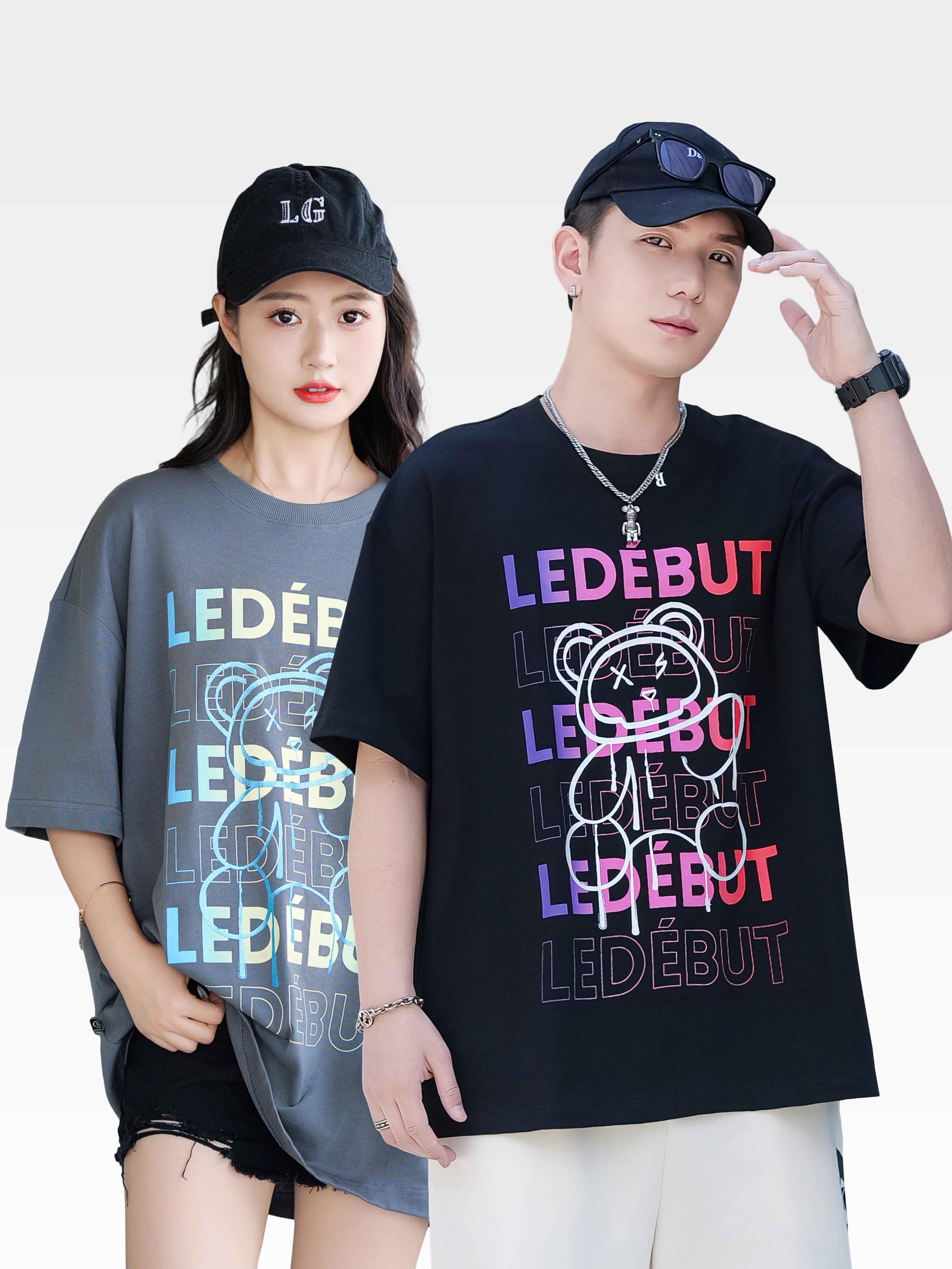 Unisex Pearl Bear Print Rubber Patch Oversized Tee