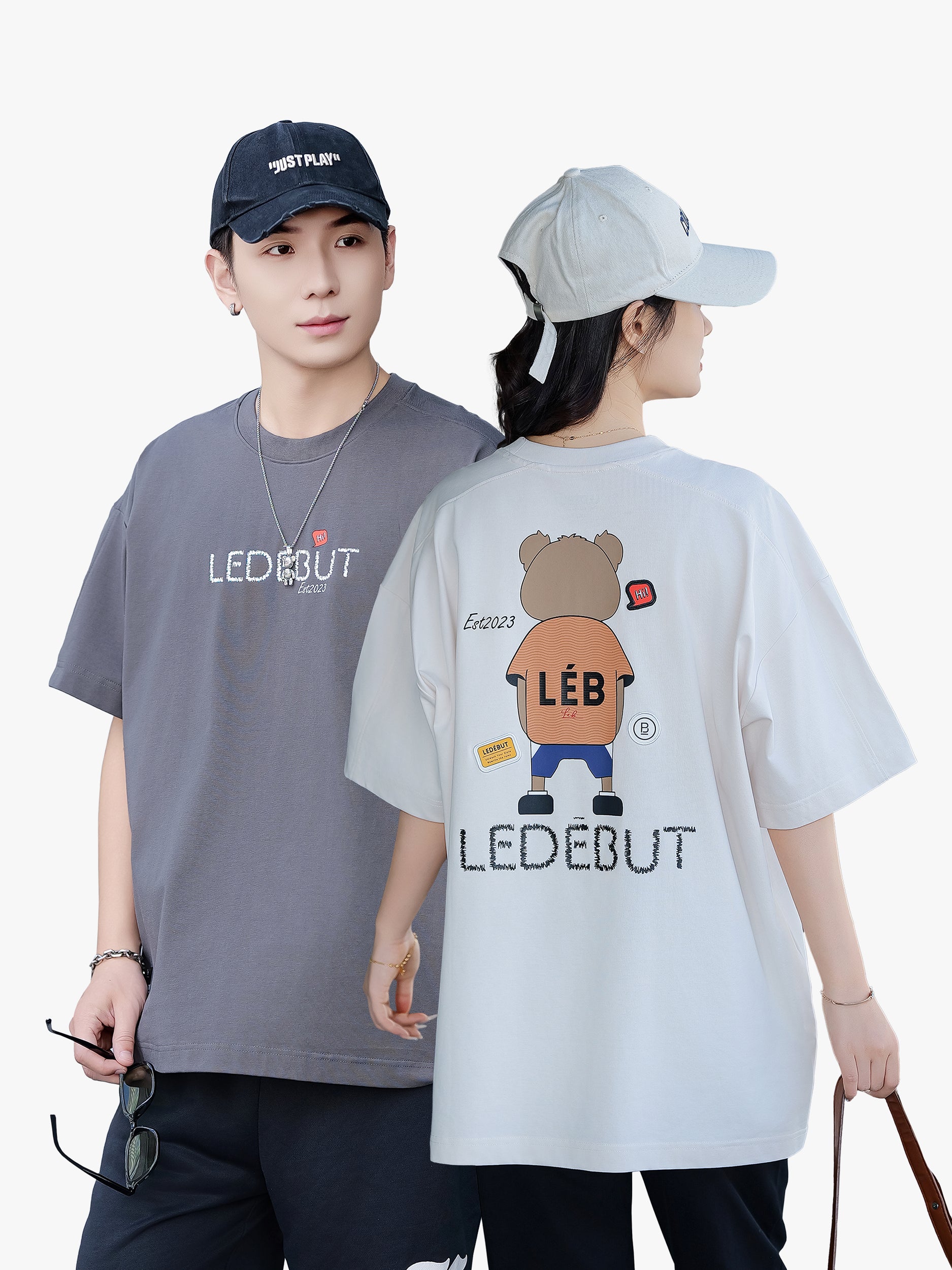 Unisex Bear Print & 3D Patch Oversized Tee