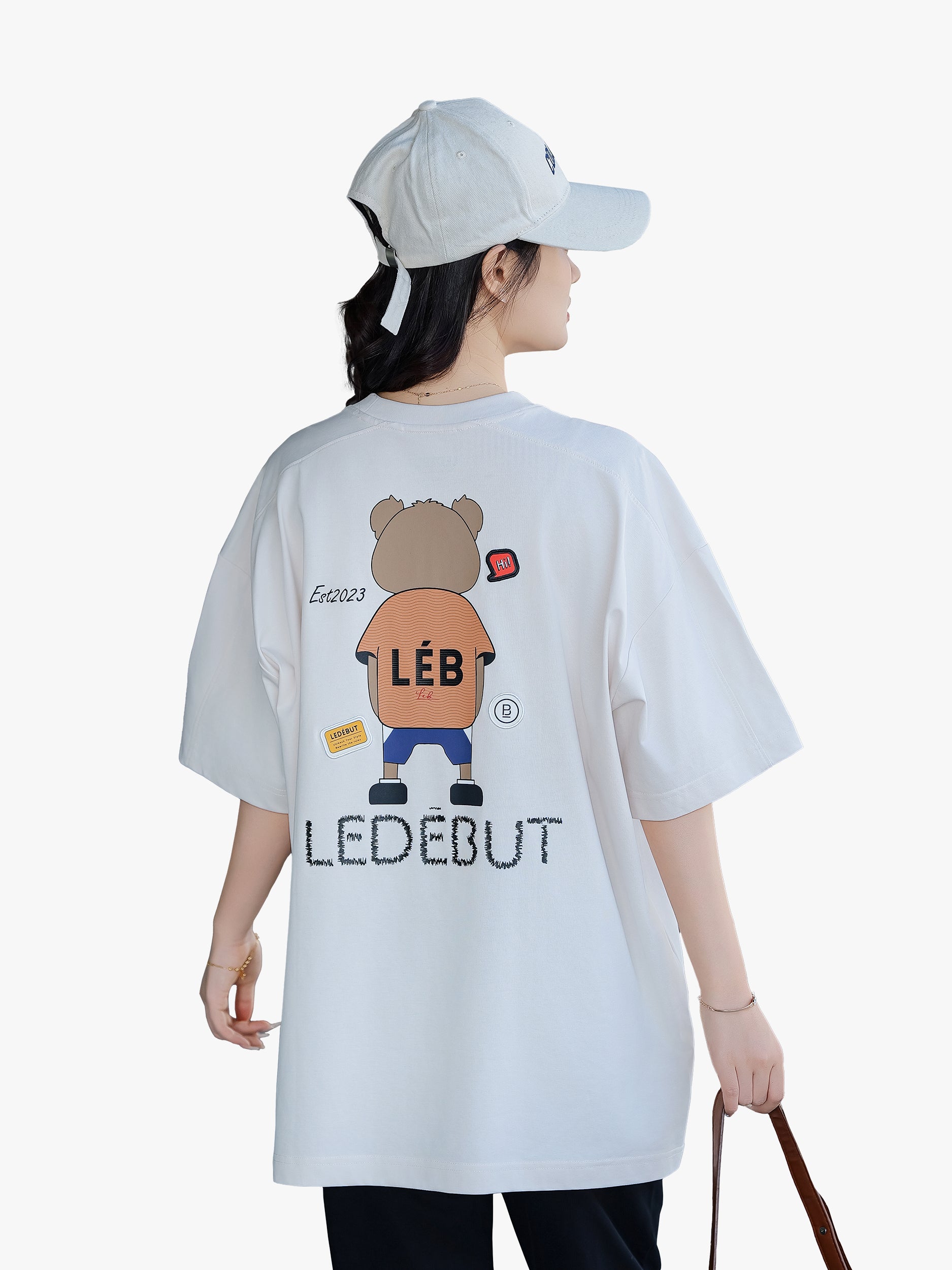 Unisex Bear Print & 3D Patch Oversized Tee